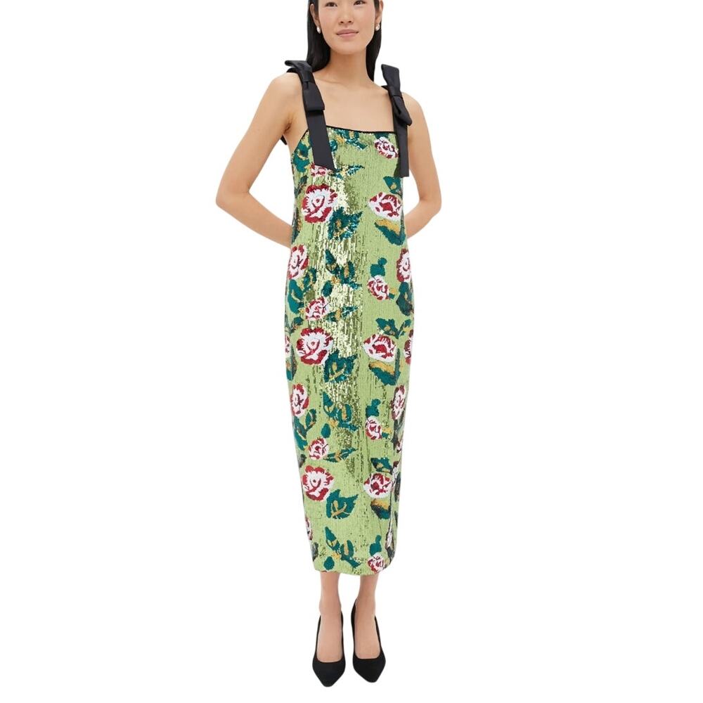 Tuckernuck Green Floral Sequin Midi Dress with Black Straps